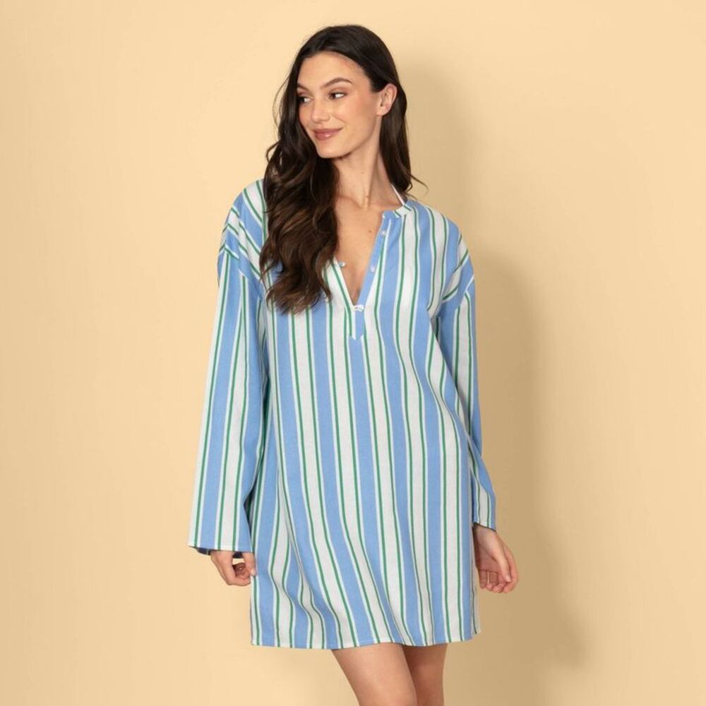 Women's Long Sleeve Linen Blend Mini Shift Dress - Blue/Green Striped S